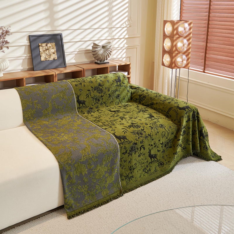 DREAMINGO Green Vintage Couch Cover Botanical Deer Jacquard Sofa Covers for 3 Cushion Couch Washable Chenille Furniture Protector Throw Slipcovers for 3 Seat Sectional Sofa, X-Large 71"x134" - Image 3
