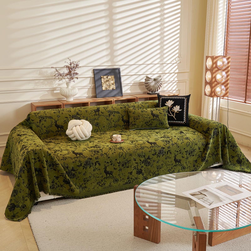 DREAMINGO Green Vintage Couch Cover Botanical Deer Jacquard Sofa Covers for 3 Cushion Couch Washable Chenille Furniture Protector Throw Slipcovers for 3 Seat Sectional Sofa, X-Large 71"x134" - Image 1