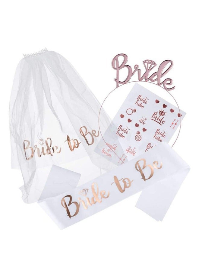 LIXADA 4 Pack Bride to Be Decoration Set, Bride Sash, Headband Tiara, Shoulder Length Veil, Decorative Stickers, Party Supplies Bridal Shower Decoration Accessories - Image 1