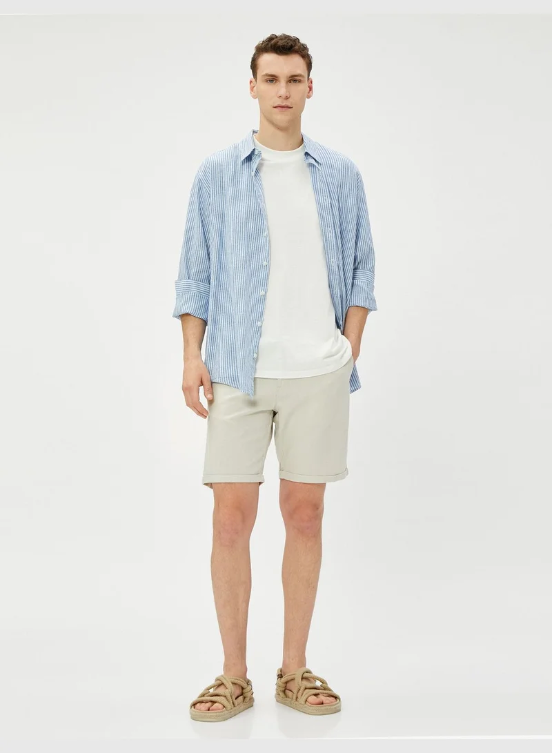 كوتون Linen Blend Shorts Drawstring Buttoned Pocket Detailed
