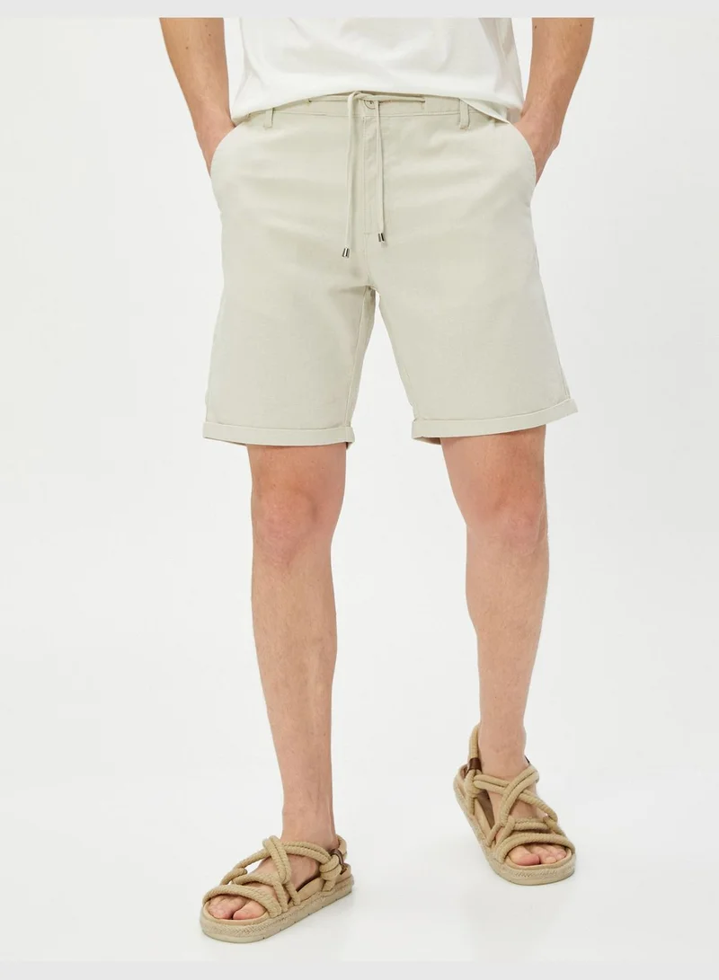 كوتون Linen Blend Shorts Drawstring Buttoned Pocket Detailed