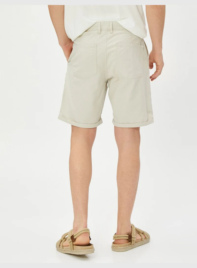 كوتون Linen Blend Shorts Drawstring Buttoned Pocket Detailed
