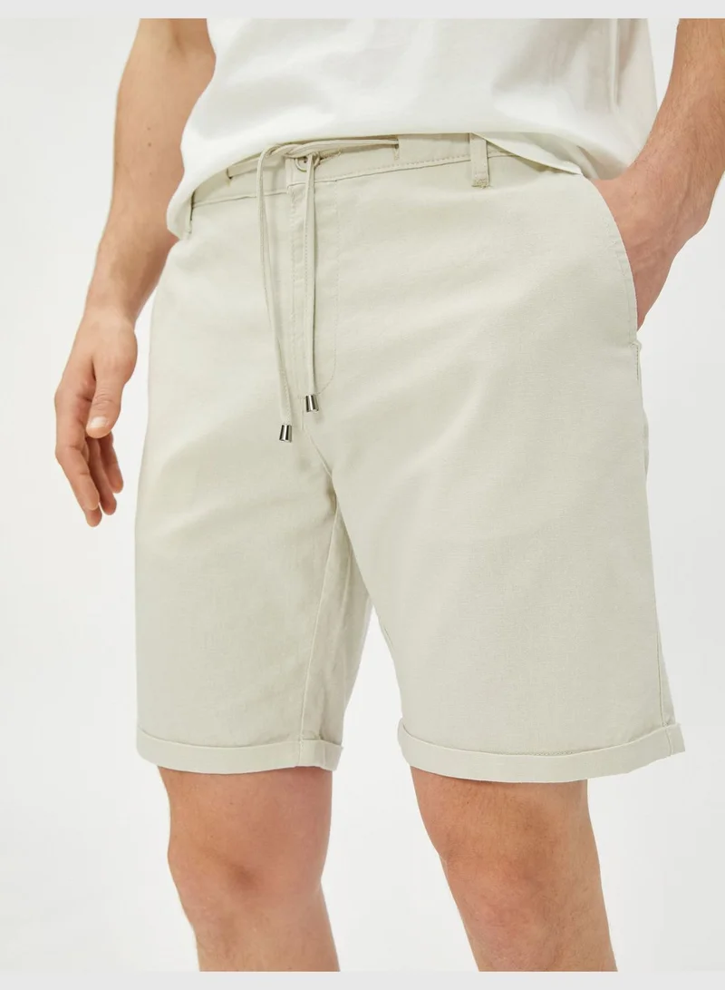 كوتون Linen Blend Shorts Drawstring Buttoned Pocket Detailed