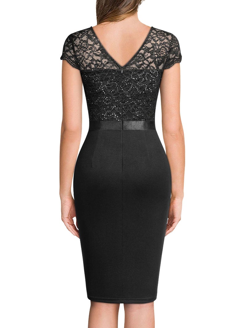 Miusol Women's Elegant Cap Sleeve Sequin Lace Cocktail Dress (Medium, Black) - Image 2