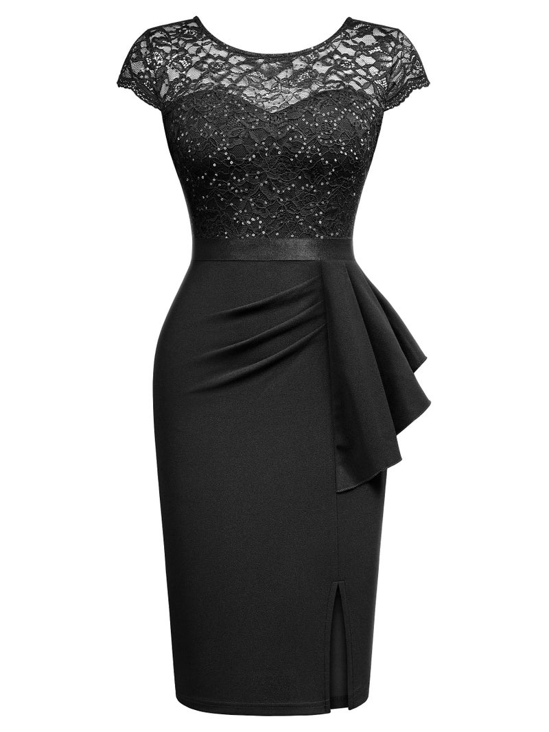 Miusol Women's Elegant Cap Sleeve Sequin Lace Cocktail Dress (Medium, Black) - Image 5