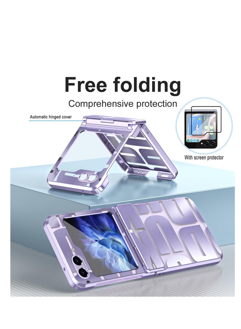 SOLARAE Full-Coverage Hinged Protective Case with Screen Protector for Samsung Galaxy Z Flip 5 (2023) - Military-Grade Fall Protection, Transparent Design, Purple Color. - Image 2