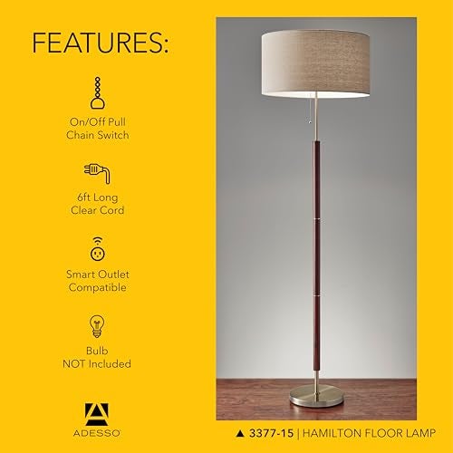 Adesso Floor Lamp with Natural Oak Veneer and Off-White Fabric Lampshade – 3-Way Adjustable Brightness, Lamp for Bedroom, Living Room, and House Décor, 60.25” x 21” - Image 5
