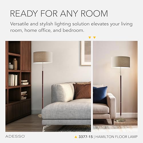 Adesso Floor Lamp with Natural Oak Veneer and Off-White Fabric Lampshade – 3-Way Adjustable Brightness, Lamp for Bedroom, Living Room, and House Décor, 60.25” x 21” - Image 3