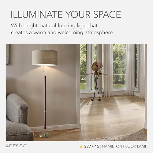 Adesso Floor Lamp with Natural Oak Veneer and Off-White Fabric Lampshade – 3-Way Adjustable Brightness, Lamp for Bedroom, Living Room, and House Décor, 60.25” x 21” - Image 2