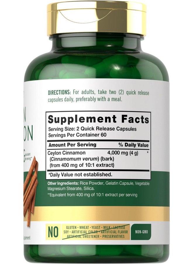 كبسولات كارلايل سيلان القرفة ٤٠٠٠ ملغ | ١٢٠ كبسولة | مكمل غذائي خالٍ من الكائنات المعدلة وراثيًا والغلوتين - Image 2