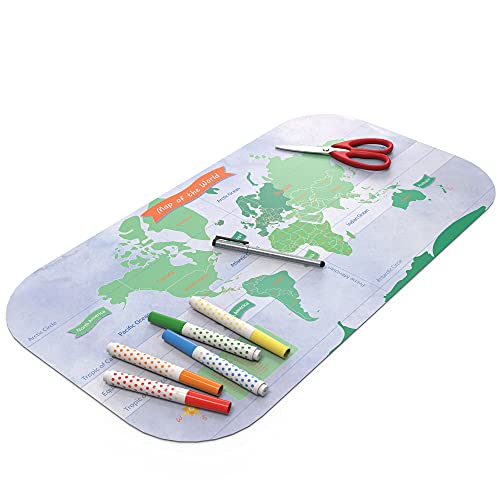 Uncommon Desks Kid's Desk Mat - For Schoolwork Arts & Crafts - Fun Computer & Mouse Pad Blotter - Washable Table Cover - Student School Organizer - Cute Office, Home School Supplies - World Map Design - Image 1