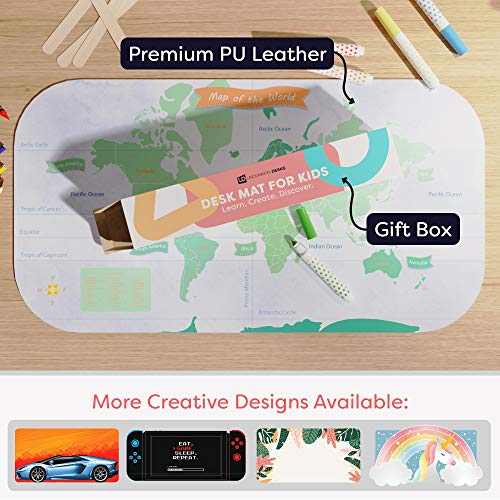 Uncommon Desks Kid's Desk Mat - For Schoolwork Arts & Crafts - Fun Computer & Mouse Pad Blotter - Washable Table Cover - Student School Organizer - Cute Office, Home School Supplies - World Map Design - Image 4