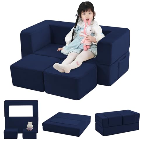 أريكة الأطفال القابلة للتحويل من MeMoreCool مع وسائد فوم، أريكة قابلة للطي للأطفال باللون الأزرق لغرفة اللعب أو غرفة النوم