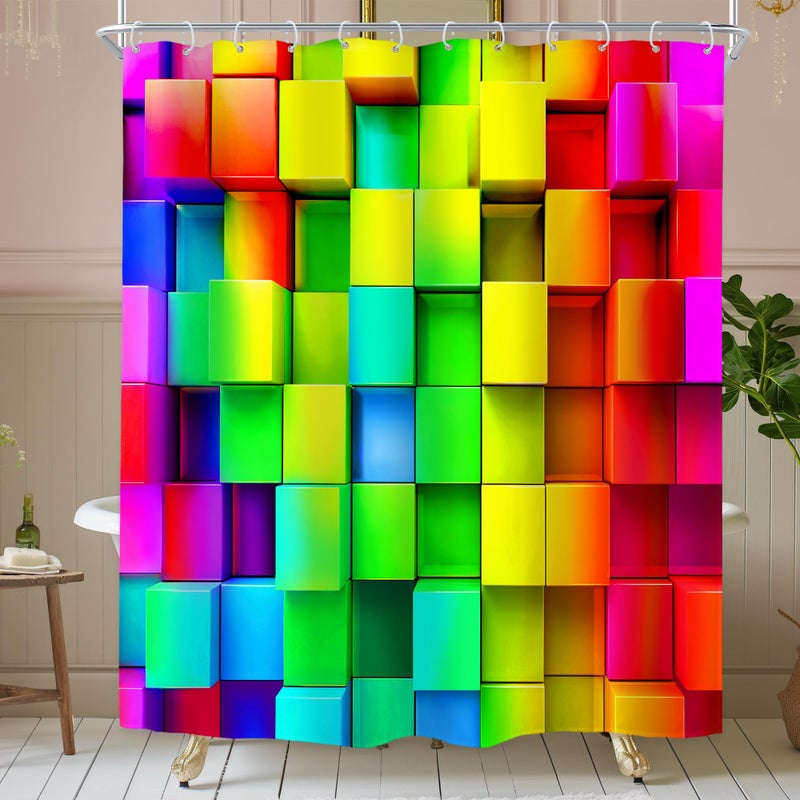 Riyidecor Colorful Rainbow Wall Shower Curtain Bright Geometric Plaid 72Wx72H Inch Abstract Brick Neon 3D Plastic Hooks 12 Pack Colored Decor Modern Bathroom Set Polyester Waterproof Fabric RY-UACR - Image 1
