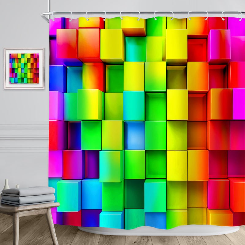 Riyidecor Colorful Rainbow Wall Shower Curtain Bright Geometric Plaid 72Wx72H Inch Abstract Brick Neon 3D Plastic Hooks 12 Pack Colored Decor Modern Bathroom Set Polyester Waterproof Fabric RY-UACR - Image 3