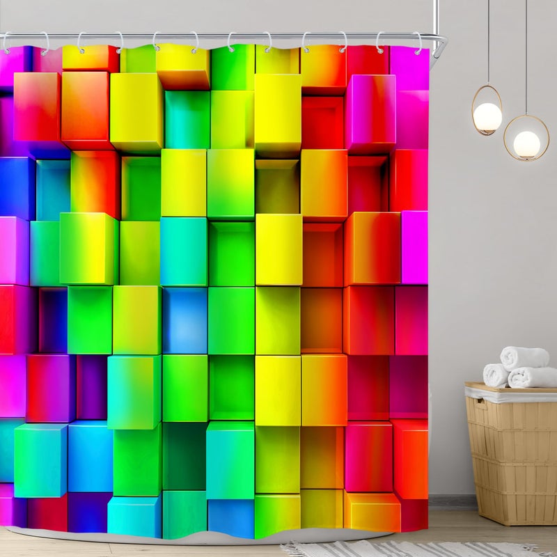 Riyidecor Colorful Rainbow Wall Shower Curtain Bright Geometric Plaid 72Wx72H Inch Abstract Brick Neon 3D Plastic Hooks 12 Pack Colored Decor Modern Bathroom Set Polyester Waterproof Fabric RY-UACR - Image 2