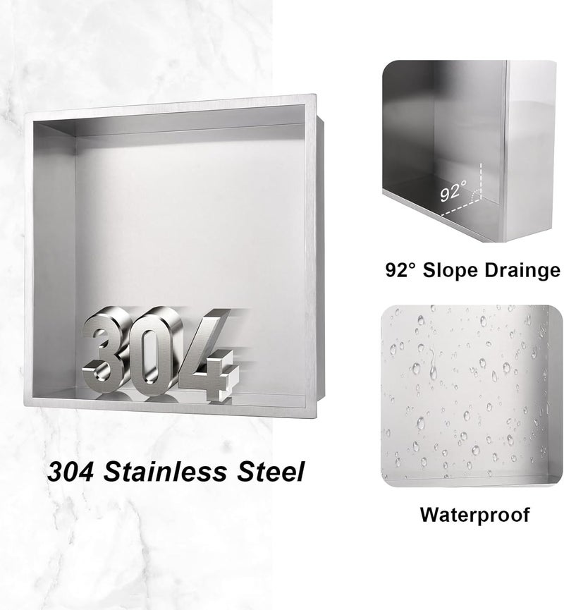 Beelee Shower Niche Wall-Inserted: Stainless Steel Recessed Niche No Tile Needed Waterproof for Shower Wall - Bathroom, Kitchen, Living Room - Square Storage Brushed Nickel - Image 5
