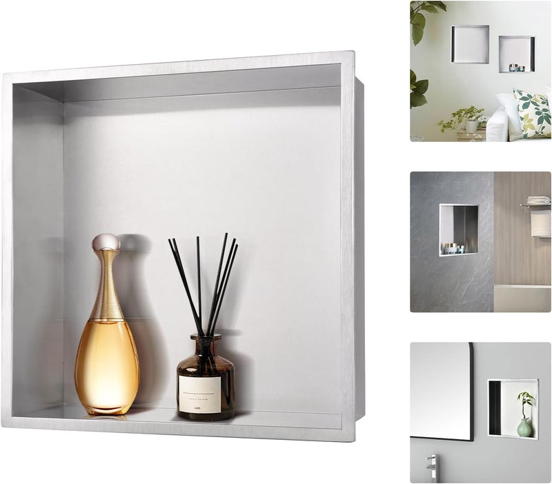 Beelee Shower Niche Wall-Inserted: Stainless Steel Recessed Niche No Tile Needed Waterproof for Shower Wall - Bathroom, Kitchen, Living Room - Square Storage Brushed Nickel - Image 1