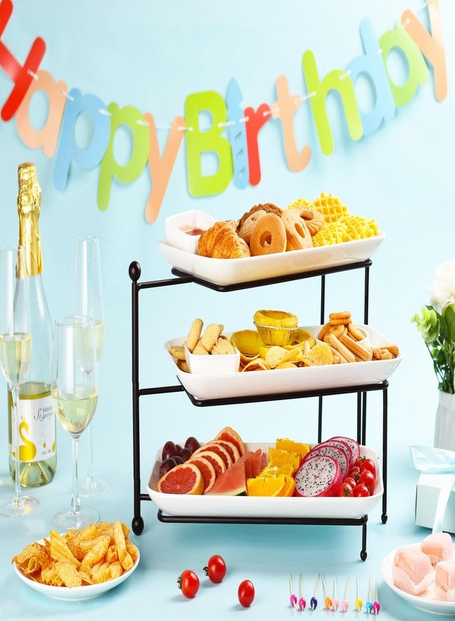 Dizada 3 Tiered Serving Tray with White Porcelain Platters,Tiered Serving Stand Food Display Stand, Tiered Serving Trays & Platters, Rotatable Foldable Rectangular Plates for Dessert, Brithday Party & Events - Image 2