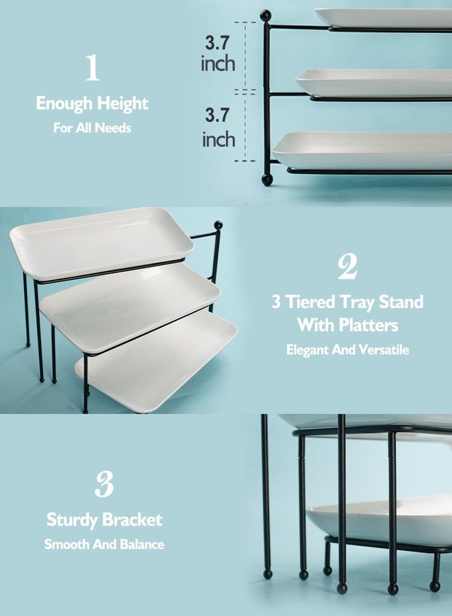 Dizada 3 Tiered Serving Tray with White Porcelain Platters,Tiered Serving Stand Food Display Stand, Tiered Serving Trays & Platters, Rotatable Foldable Rectangular Plates for Dessert, Brithday Party & Events - Image 5