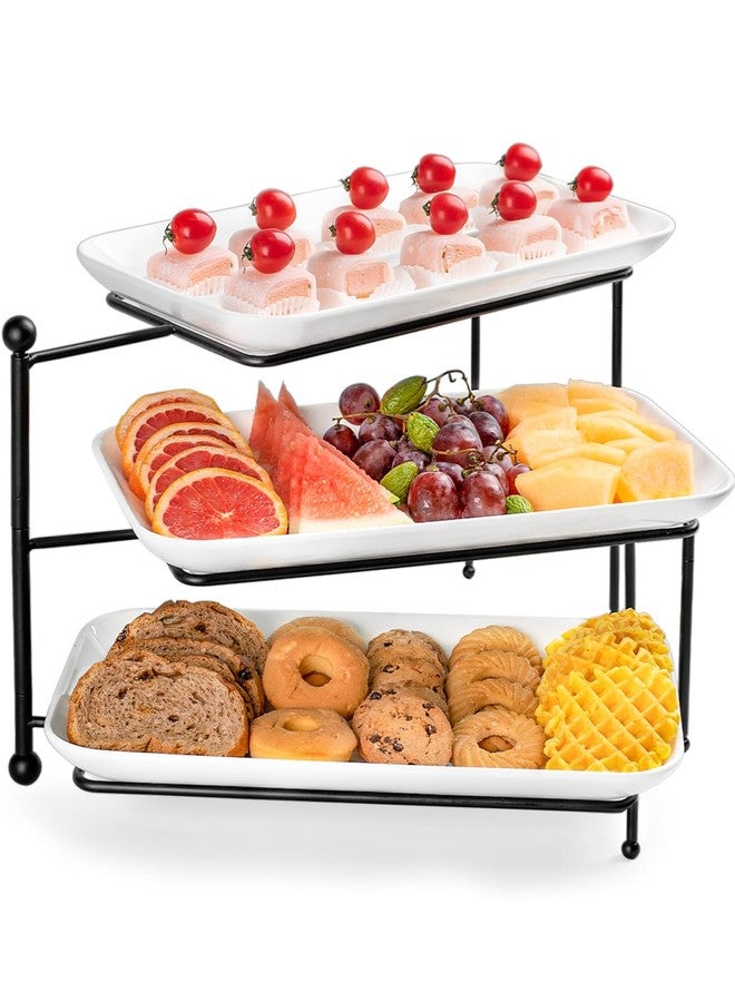 Dizada 3 Tiered Serving Tray with White Porcelain Platters,Tiered Serving Stand Food Display Stand, Tiered Serving Trays & Platters, Rotatable Foldable Rectangular Plates for Dessert, Brithday Party & Events - Image 1
