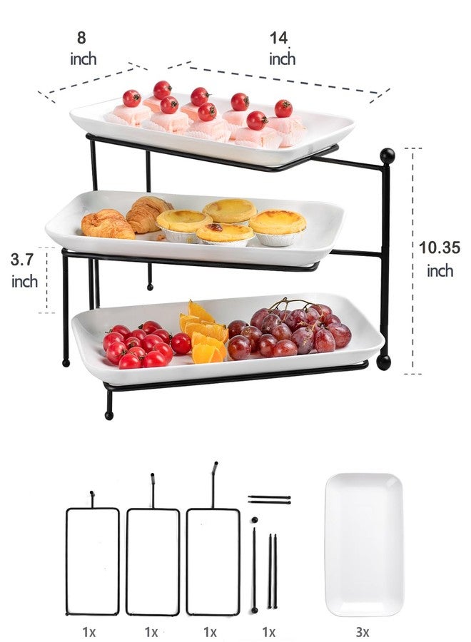 Dizada 3 Tiered Serving Tray with White Porcelain Platters,Tiered Serving Stand Food Display Stand, Tiered Serving Trays & Platters, Rotatable Foldable Rectangular Plates for Dessert, Brithday Party & Events - Image 4