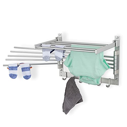 brightmaison BGT Wash Clothes Drying Rack Wall Mount Laundry Room Organizer with Hooks & Swing Arms, 17" Metal Laundry Rack Silver - Image 1