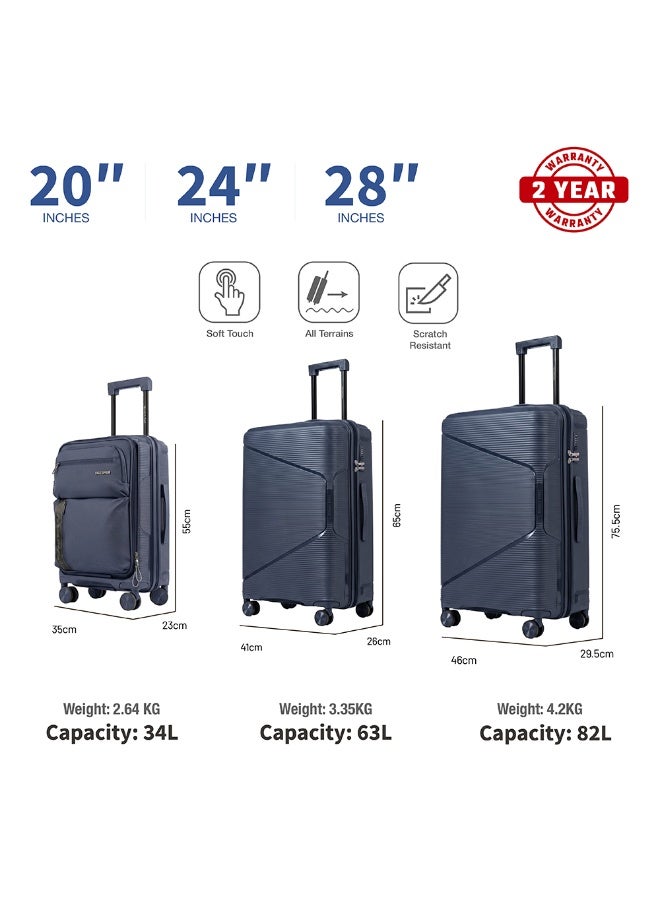 Eagle Express Cruiser Elite 3-Piece Hard Shell Luggage Set (20", 24", 28") - PP Material, Anti-Theft Zipper, 4 Spinner Wheels -Dark Greyh - 1 Year Warranty - Image 3