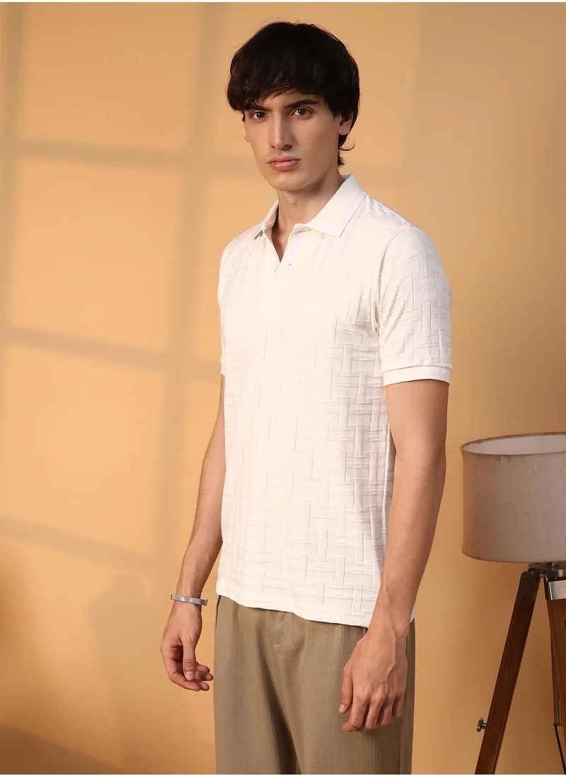 Campus Sutra Men's Cream White Weave-Textured Polo T-Shirt