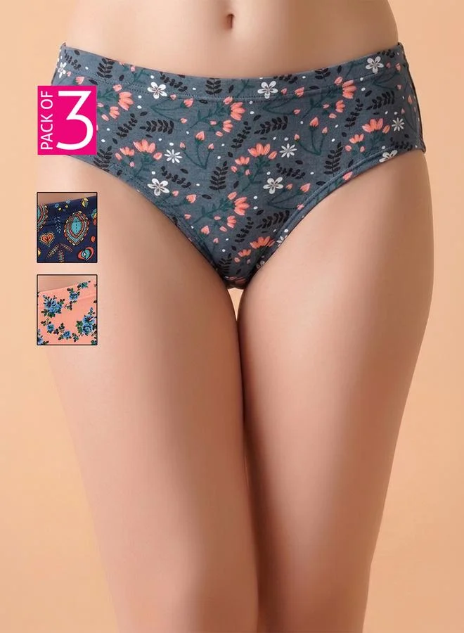 كلوفيا Pack of 3-Mid Waist Printed Hipster Panties with Inner Elastic - 100% Cotton