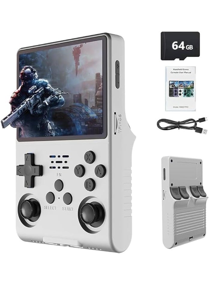 R36S Retro Handheld Game Console – 3.5" IPS Screen, 64GB Built-in Memory, USB Charging, Rechargeable Battery, Instant Play, Portable Classic Gaming Player – White