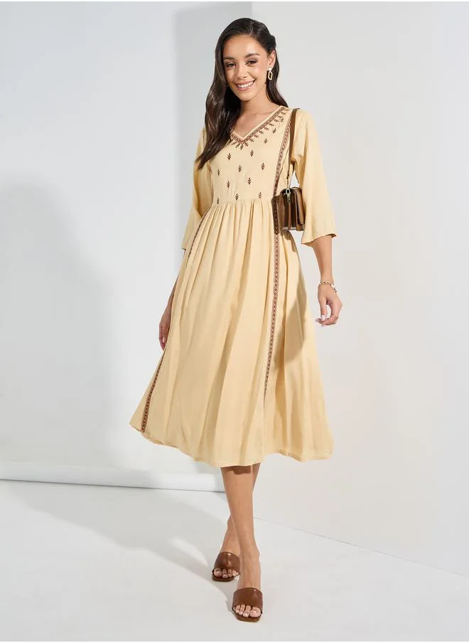 Styli Embroidered Panel V Neck A-Line Midi Dress