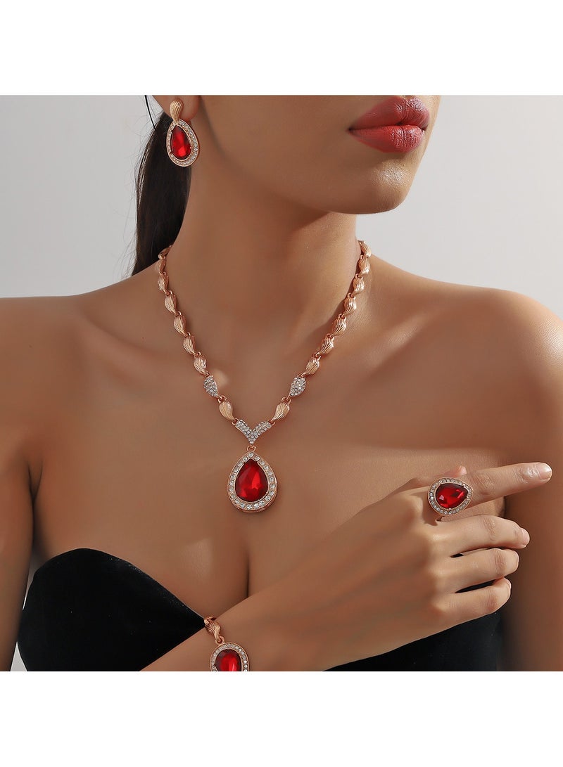 4 Piece Necklace Earrings Ring Bracelet Set Delicate Ruby Pendant Ornament Jewelry Set Suitable for Ladies Gifts for Girlfriends, Wife, Mother, Bridesmaids, Weddings, Parties, Evening Dances, Accessories  - Image 1