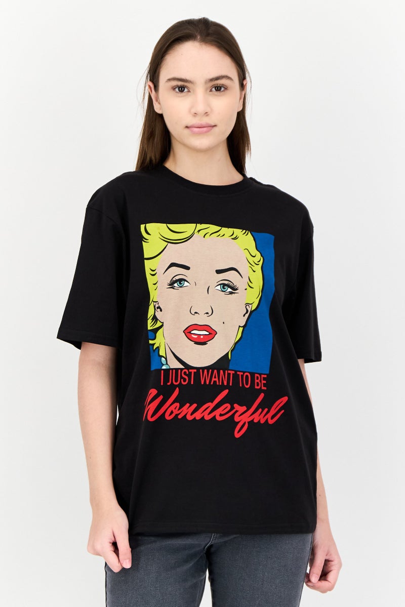 Marilyn Monroe Women Oversized Fit Crew Neck Short Sleeve Graphic Print T-Shirt, Black - Image 1