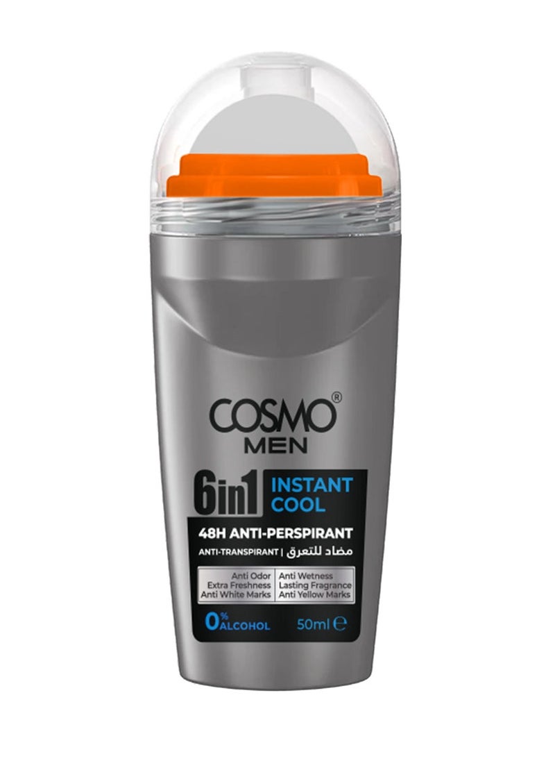 COSMO Cosmo Men Skin Care 6 In 1 Instant Cool Antiperspirant Roll On 50ml, 48H Protection, Anti-Transpirant, Alcohol Free 