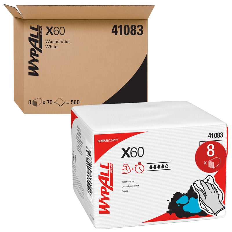 WypAll WypAll GeneralClean X60 Cloths Multi-Task Cleaning Wipes (41083), Quarterfold, Strong and Absorbent Towels, White (8 Packs of 70 Sheets, 560 Sheet Total) - Image 1