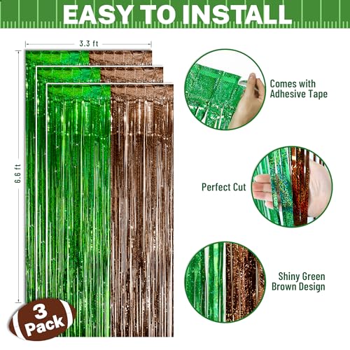 Sakayo 3 Pack Football Party Decorations, 3.3x6.6ft Green Brown Foil Fringe Curtains Metallic Tinsel Backdrop for Sunday Football Game Decorations Photo Booth Backdrops Football Party Decorations Supplies - Image 2