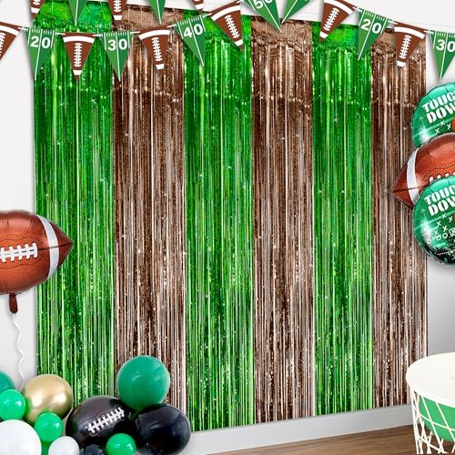 Sakayo 3 Pack Football Party Decorations, 3.3x6.6ft Green Brown Foil Fringe Curtains Metallic Tinsel Backdrop for Sunday Football Game Decorations Photo Booth Backdrops Football Party Decorations Supplies - Image 1