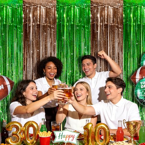Sakayo 3 Pack Football Party Decorations, 3.3x6.6ft Green Brown Foil Fringe Curtains Metallic Tinsel Backdrop for Sunday Football Game Decorations Photo Booth Backdrops Football Party Decorations Supplies - Image 4