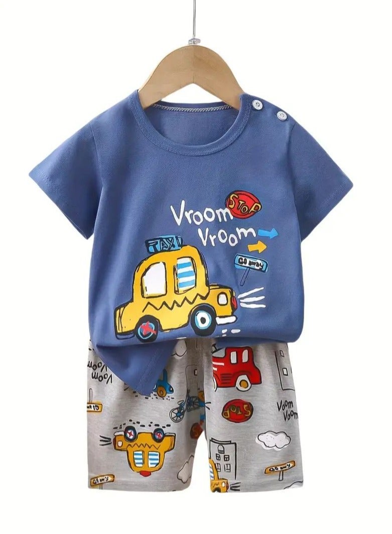Boys Summer Short sleeve T-shirt two-piece set，Cartoon Car Printed Short Sleeve and Shorts,Two Piece set,Boy T-Shirt Set - Image 1