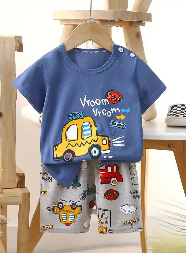 Boys Summer Short sleeve T-shirt two-piece set，Cartoon Car Printed Short Sleeve and Shorts,Two Piece set,Boy T-Shirt Set - Image 3