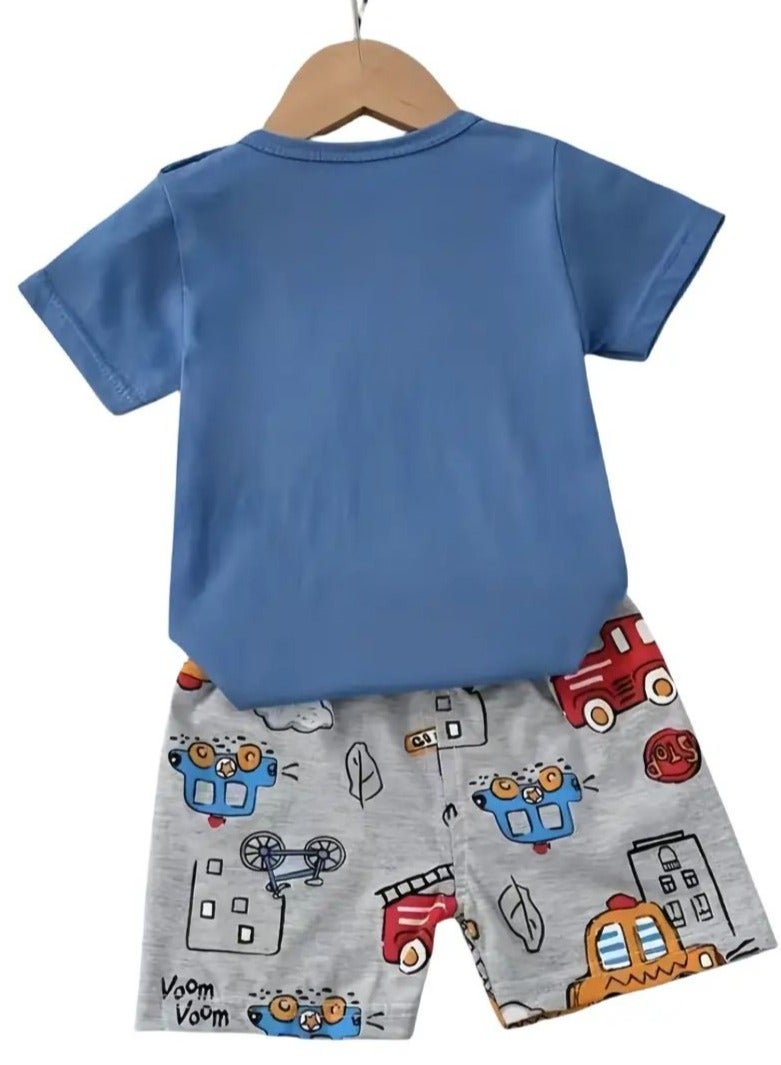 Boys Summer Short sleeve T-shirt two-piece set，Cartoon Car Printed Short Sleeve and Shorts,Two Piece set,Boy T-Shirt Set - Image 2