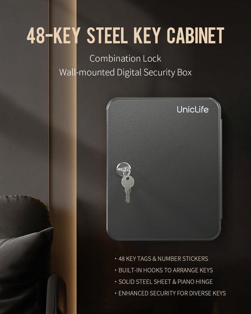 Uniclife 48 Key Cabinet Steel Security Key Organizer Lock Box Black Wall Mount - Image 3