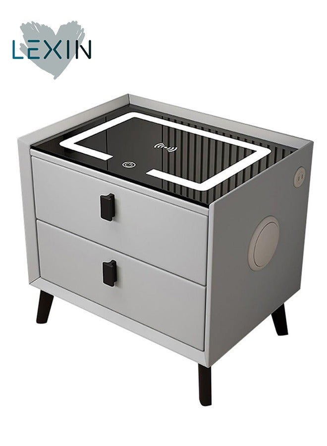 ليكسين طاولات جانبية ذكية مع خاصية الشحن اللاسلكي، وإضاءة LED ثلاثية الألوان ومكبر صوت بلوتوث، وطاولة جانبية خشبية عصرية مع درجين للتخزين، لغرفة النوم (رمادي، 45 × 42 × 48 سم) - Image 1