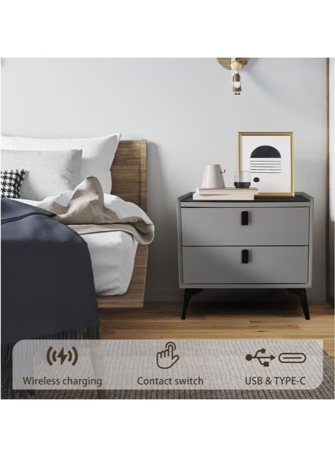 ليكسين طاولات جانبية ذكية مع خاصية الشحن اللاسلكي، وإضاءة LED ثلاثية الألوان ومكبر صوت بلوتوث، وطاولة جانبية خشبية عصرية مع درجين للتخزين، لغرفة النوم (رمادي، 45 × 42 × 48 سم) - Image 4