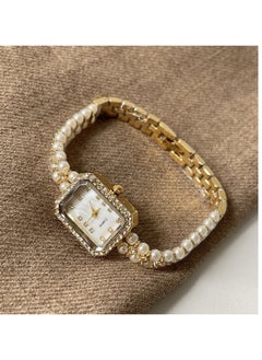 Generic Women's pearl chain quartz analog display square dial with rhinestone interwoven delicate wind waterproof watch is also available as a gift  - Image 1