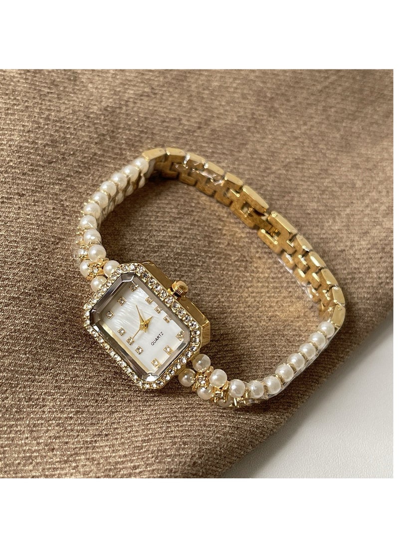 Generic - Women's pearl chain quartz analog display square dial with rhinestone interwoven delicate wind waterproof watch is also available as a gift - Image 1