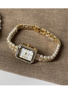 Generic Women's pearl chain quartz analog display square dial with rhinestone interwoven delicate wind waterproof watch is also available as a gift  - Image 2