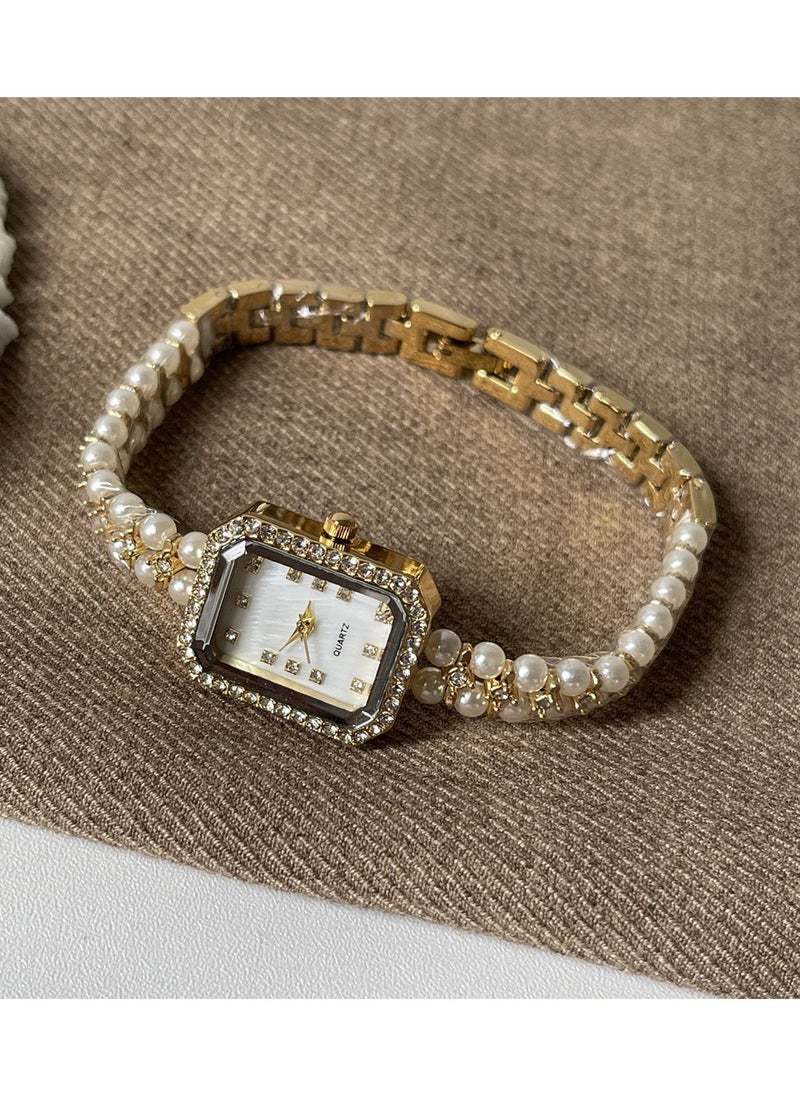 Generic - Women's pearl chain quartz analog display square dial with rhinestone interwoven delicate wind waterproof watch is also available as a gift - Image 1