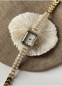 Generic Women's pearl chain quartz analog display square dial with rhinestone interwoven delicate wind waterproof watch is also available as a gift  - Image 3